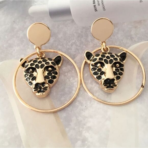 Gold Leopard Drop Dangle Hoop Earrings - Picture 3 of 5